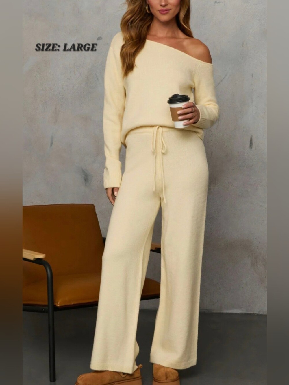 VICI Collection Meina 2-PC Knit Cream Off The Shoulder Wide Leg Set Size Large